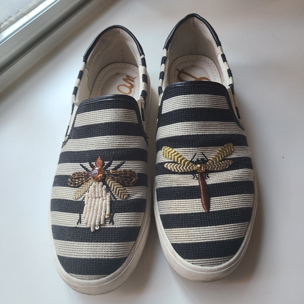Sam Edelman Evelina Slip Ons Sz 9 Dragonfly Beetle Black White